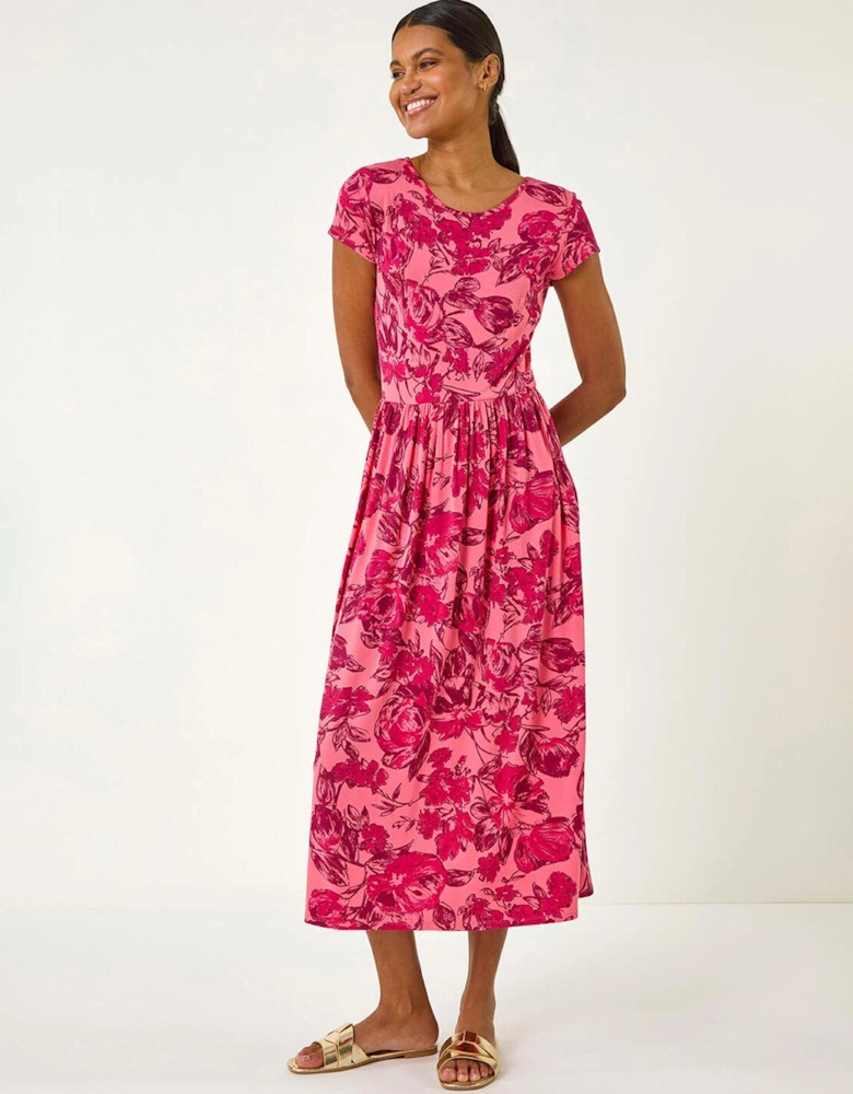 Floral Print Pocket Midi Dress - Pink