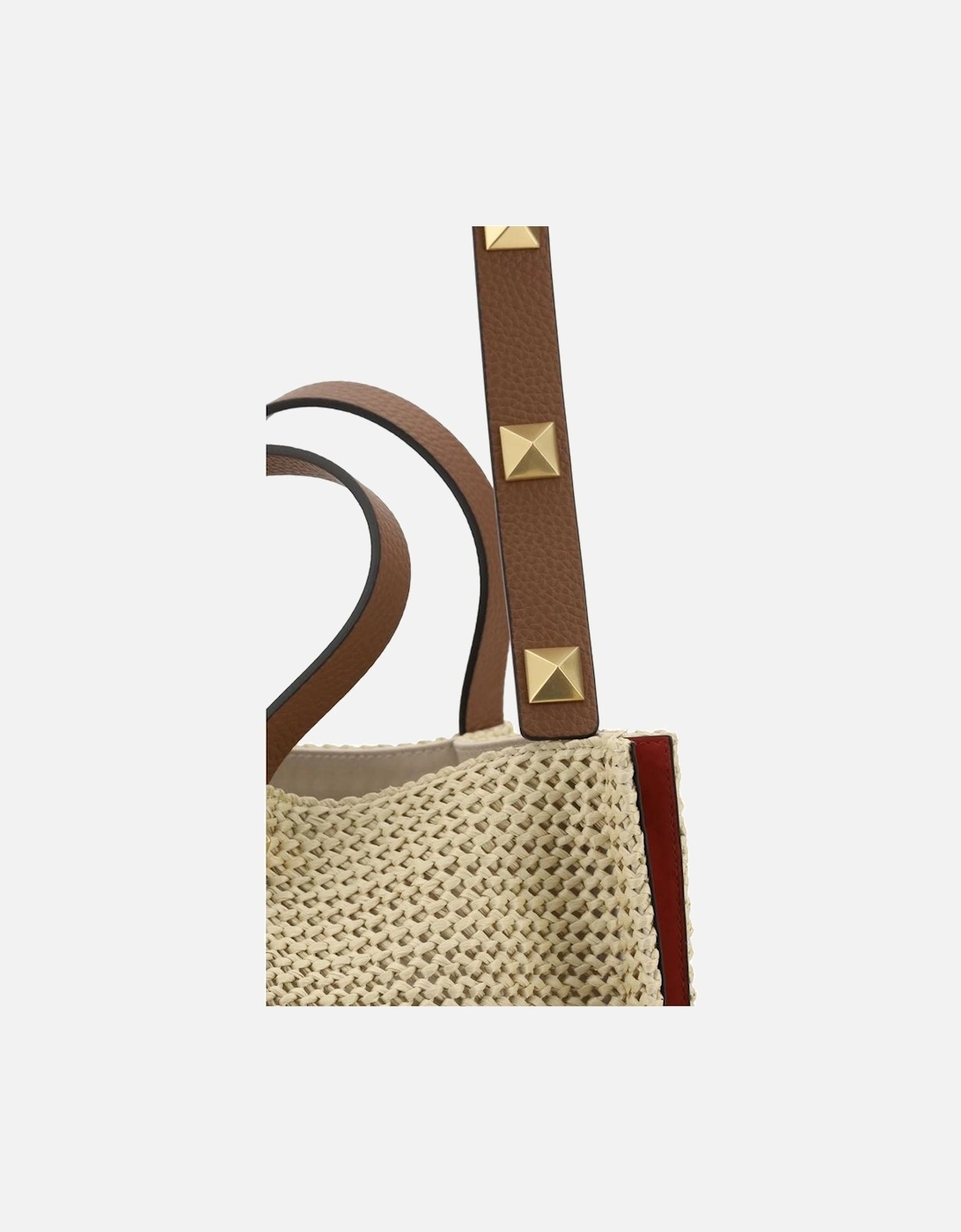 Straw Shoulder Bag with Studded Leather Strap Women - Beige