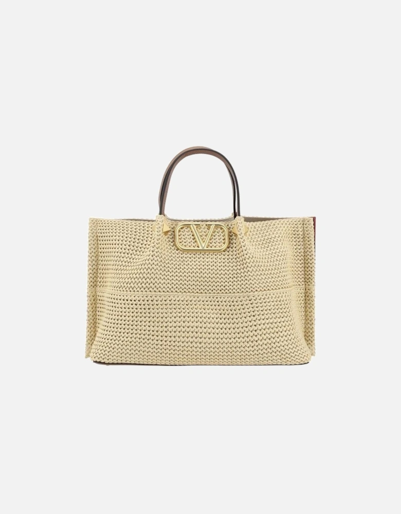 Straw Shoulder Bag with Studded Leather Strap Women - Beige