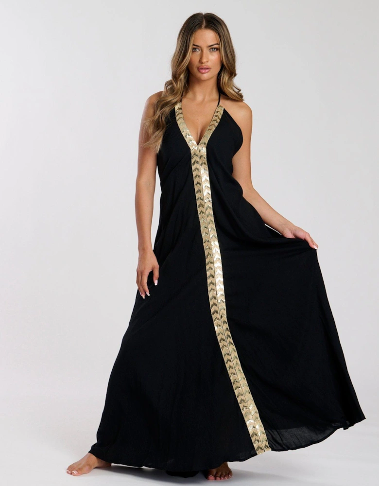 V Neck Sequin Detail Halter Maxi Dress