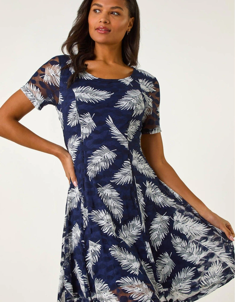 Leaf Print Lace Stretch Dress - Navy