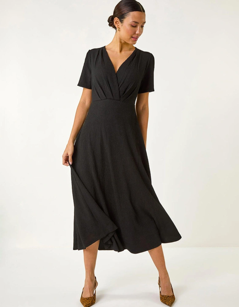 Textured Wrap Bodice Midi Dress - Black