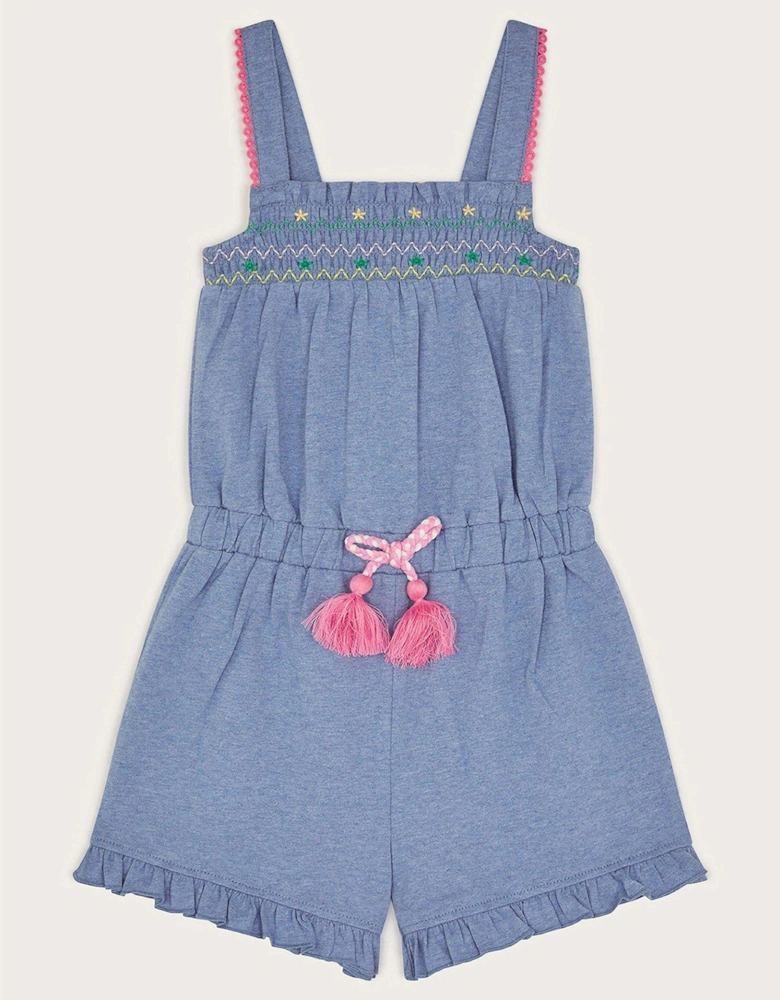 Girls Marl Embroidered Playsuit - Blue