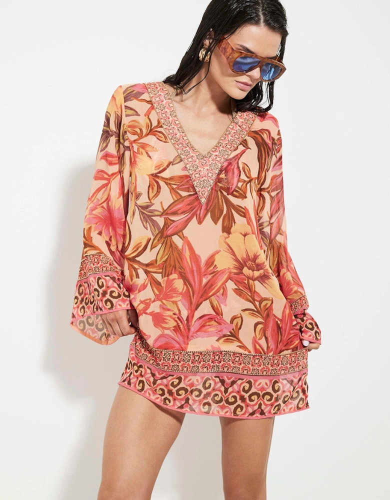 Floral Chiffon Plunge Tunic - Multi