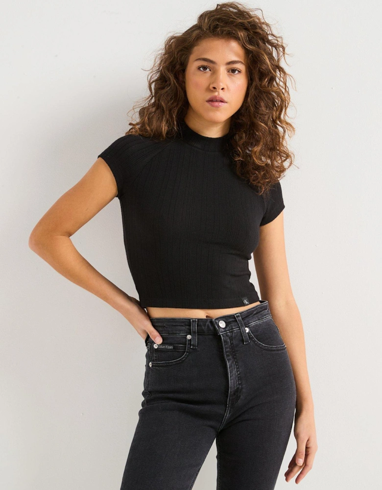 Ribbed Mock Neck Top - Black