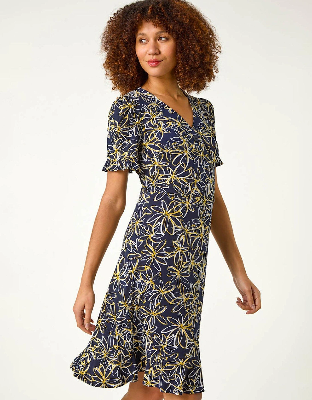 Floral Print Side Button Dress - Yellow, 2 of 1