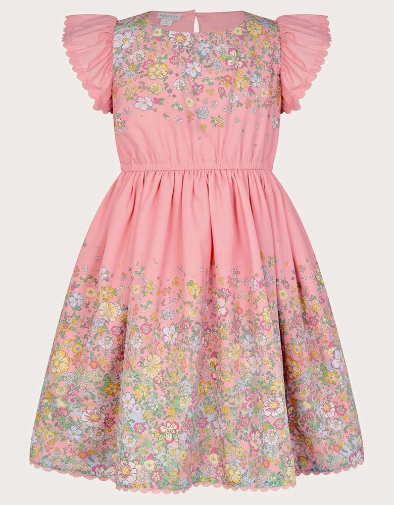 Girls Floral Frill Sleeve Dress - Pink