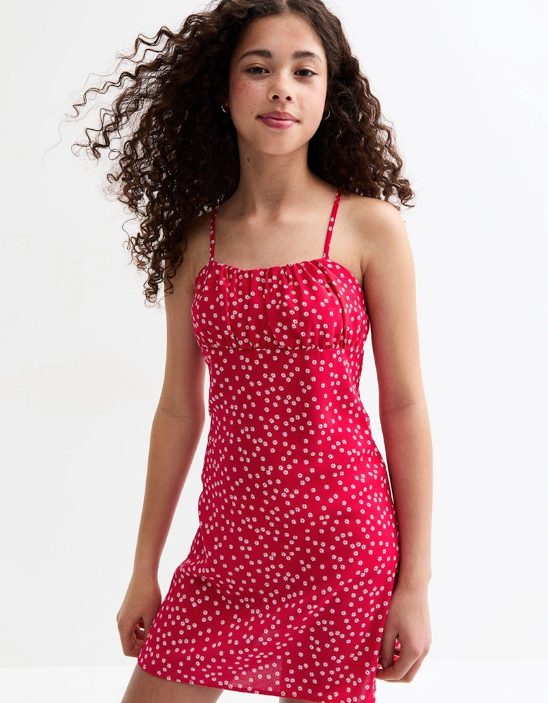 Girls Floral Print Ruched Strappy Dress - Red