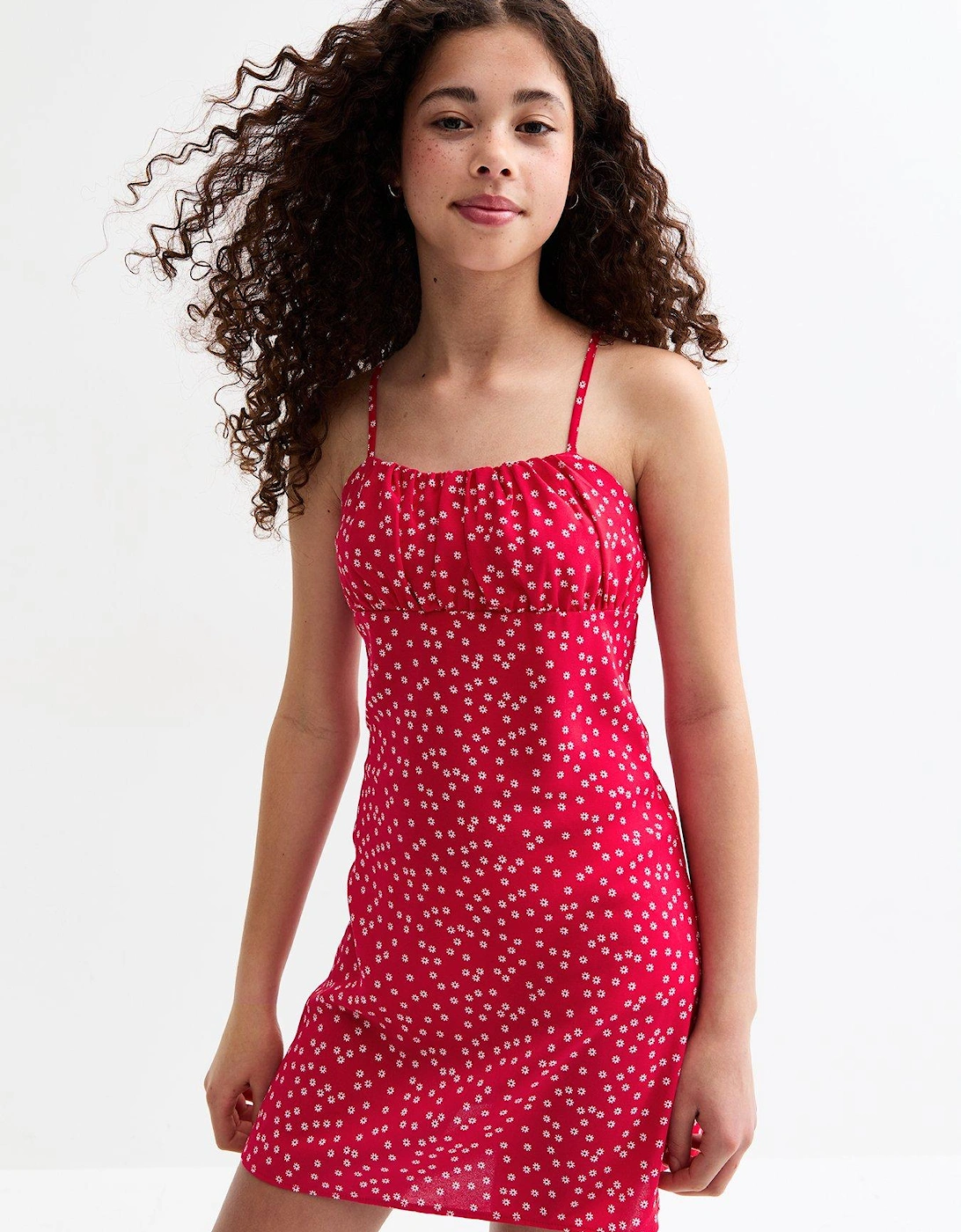 Girls Floral Print Ruched Strappy Dress - Red, 2 of 1