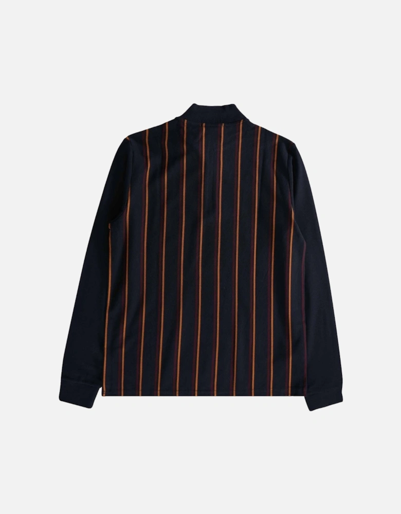 Long Sleeve Striped Panel Pique Zip Navy Blue Polo Shirt