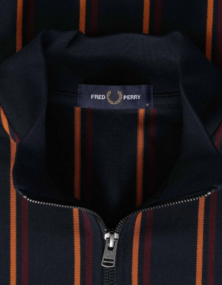 Long Sleeve Striped Panel Pique Zip Navy Blue Polo Shirt