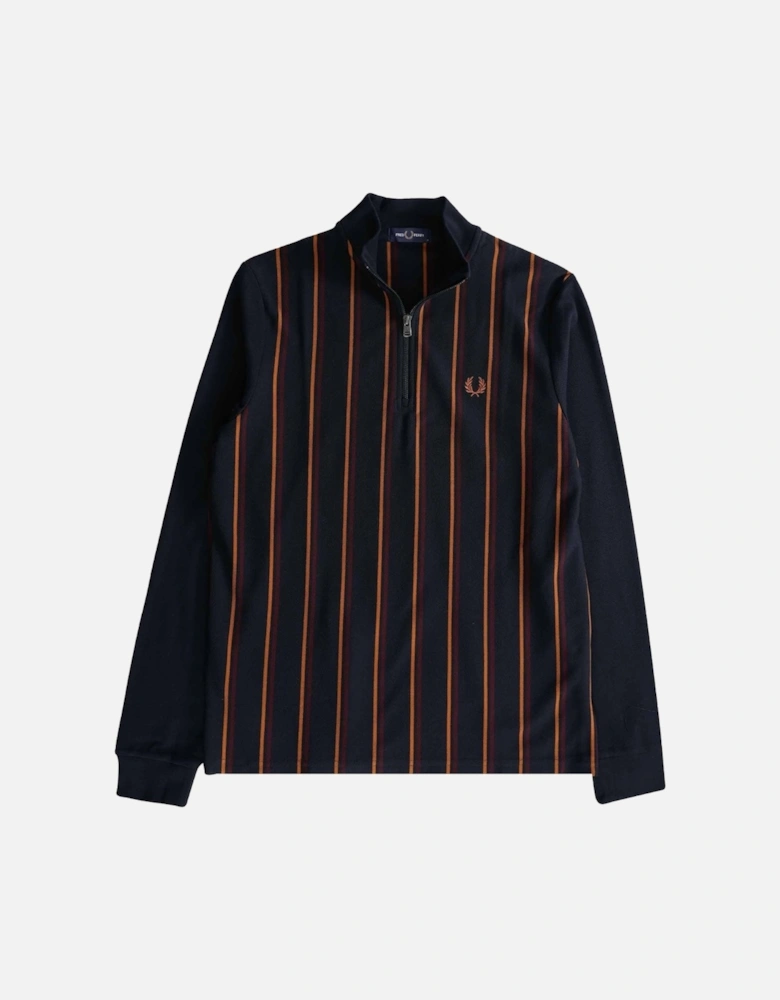 Long Sleeve Striped Panel Pique Zip Navy Blue Polo Shirt