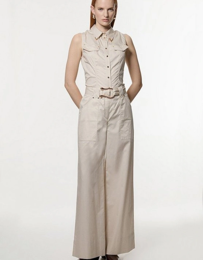 Cotton Sateen Utility Detail Belted Trouser With Gold Hardware Detail