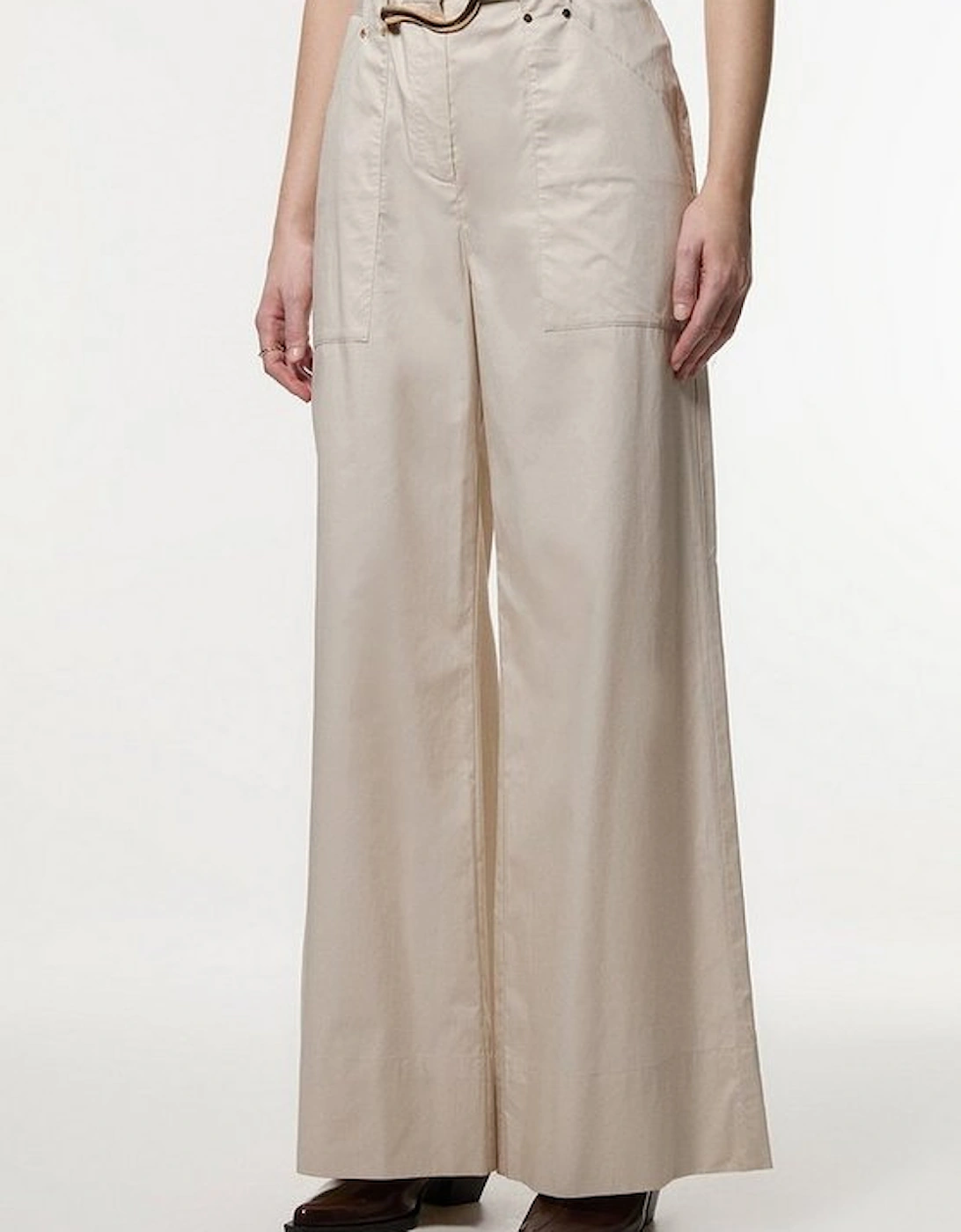 Cotton Sateen Utility Detail Belted Trouser With Gold Hardware Detail