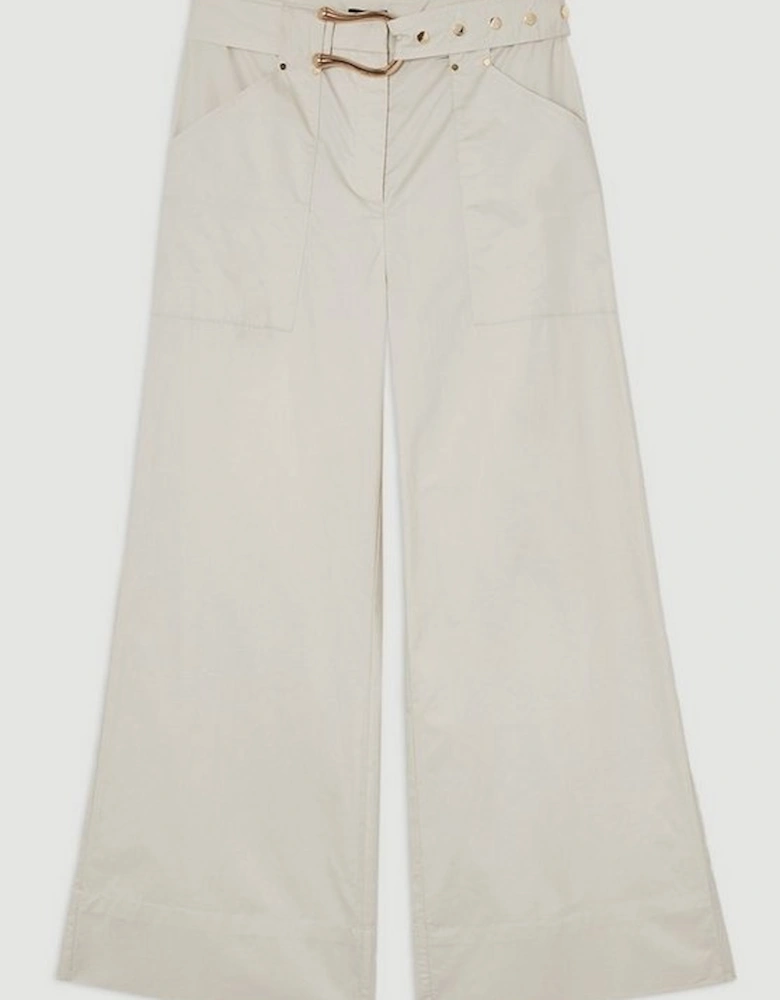 Cotton Sateen Utility Detail Belted Trouser With Gold Hardware Detail