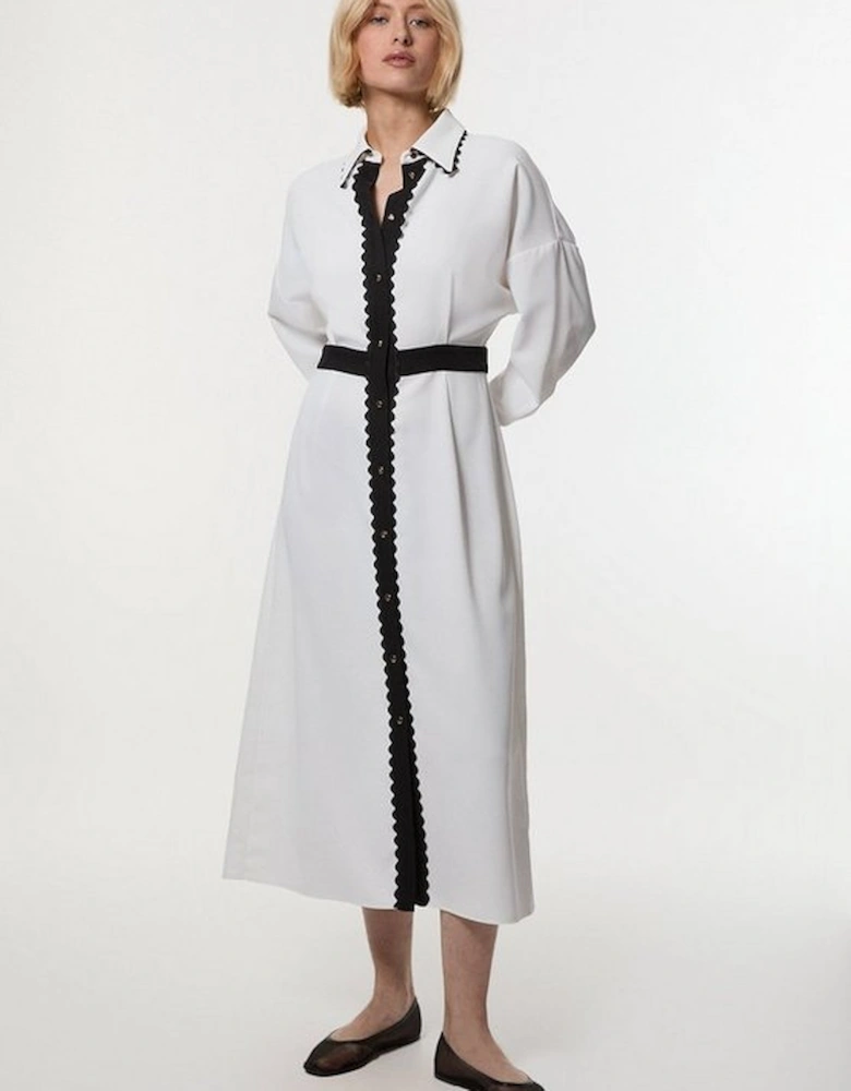 Scallop Trim Woven Crepe Shirt Dress