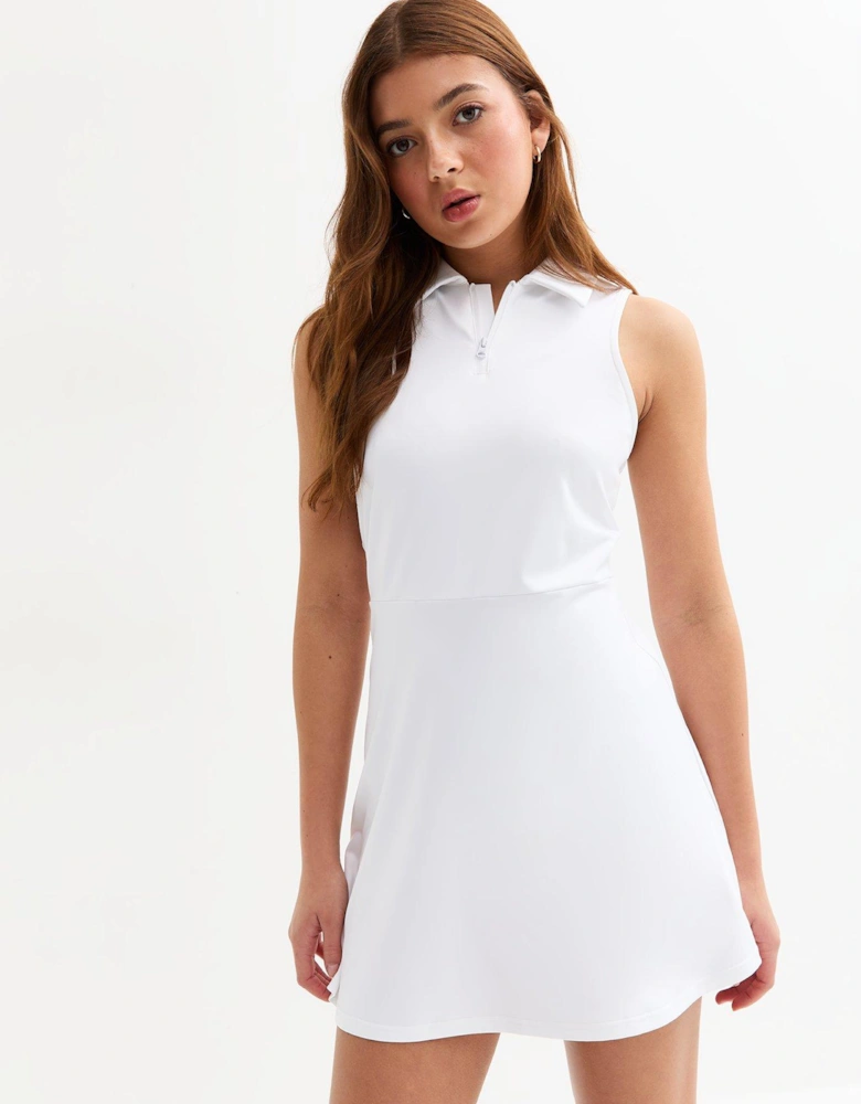 Girls Quarter Zip Collared Mini Dress - White