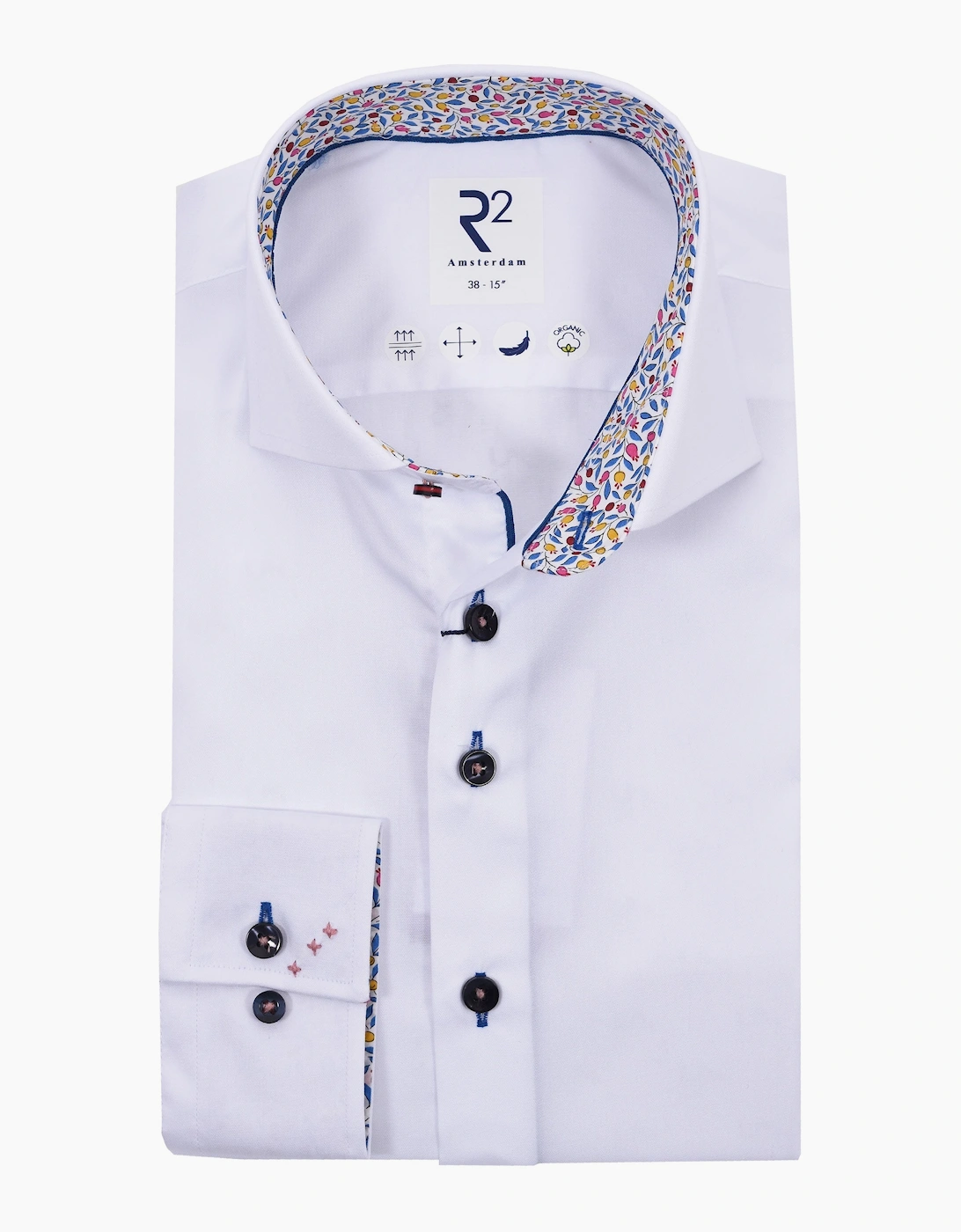 Men's R2 Cutaway Collar Shirt Trimmed With Micro Liberty Print White - Size: 48/50