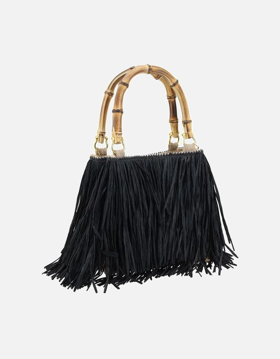 Bamboo Handle Raffia Fringe Handbag Women - Black