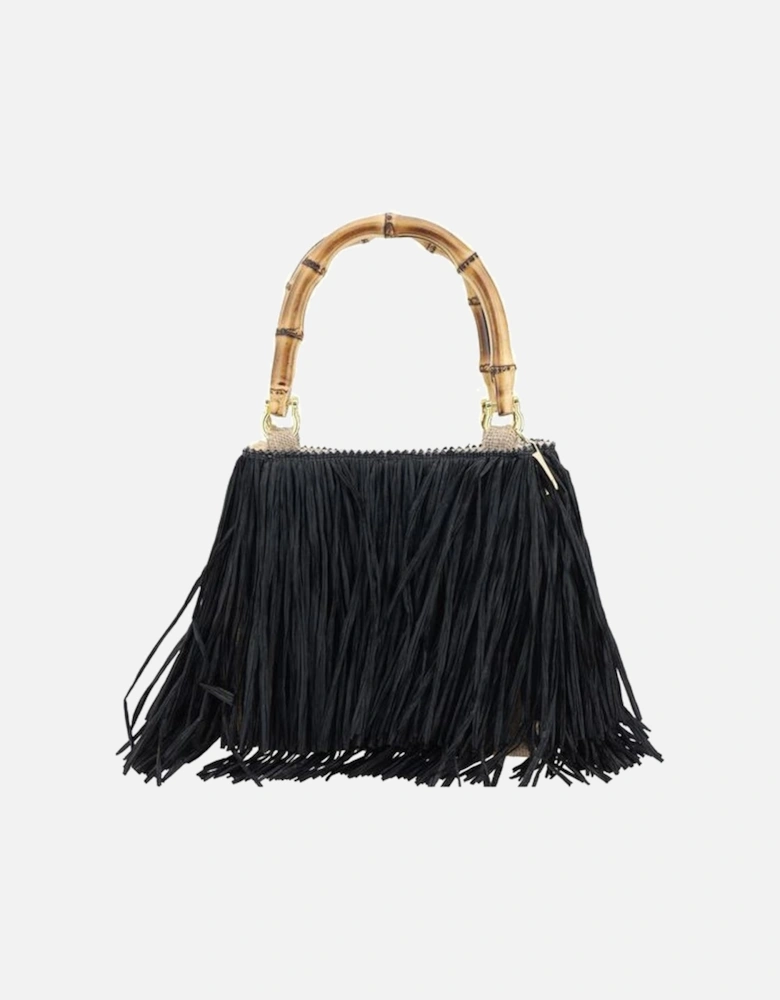 Bamboo Handle Raffia Fringe Handbag Women - Black