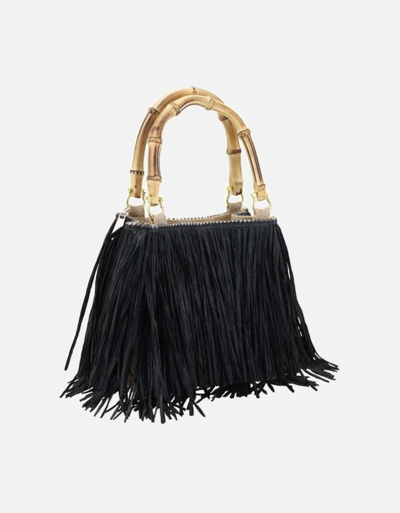 Bamboo Handle Raffia Fringe Handbag Women - Black