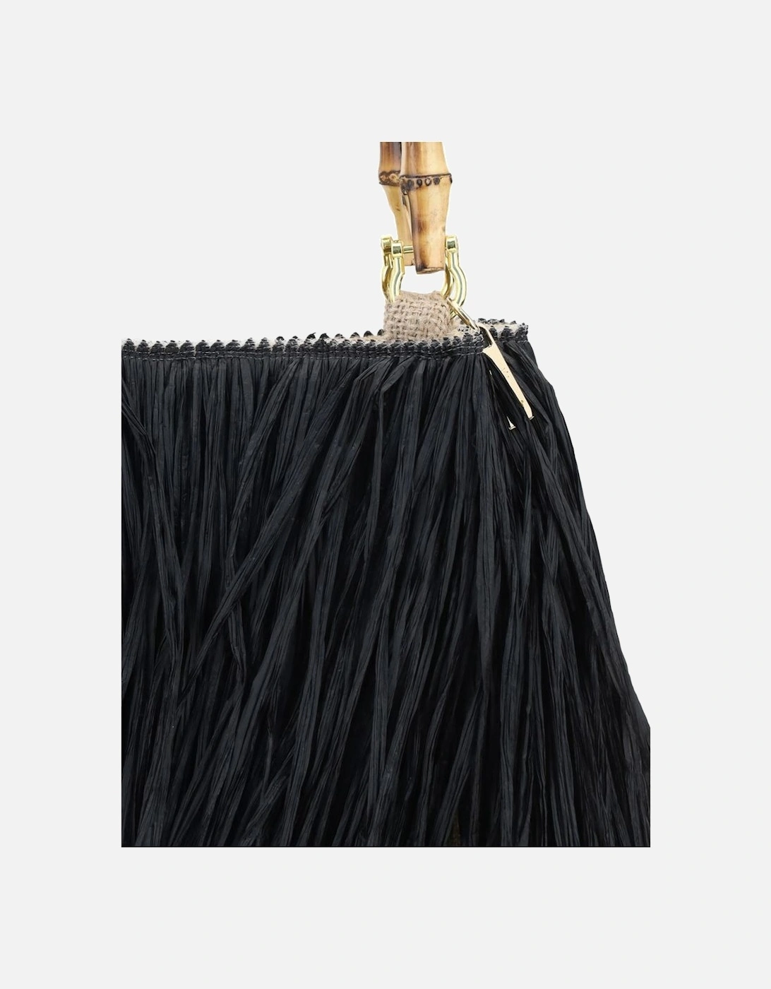 Bamboo Handle Raffia Fringe Handbag Women - Black