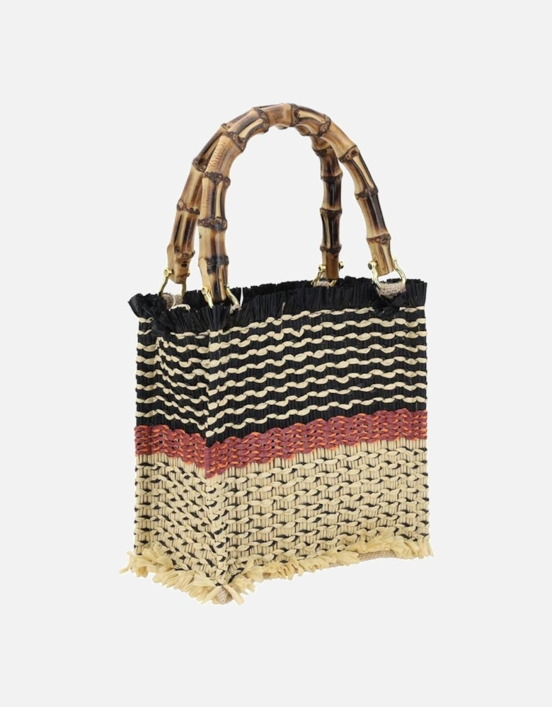 Raffia Handbag with Floral Appliques and Bamboo Handles Women -