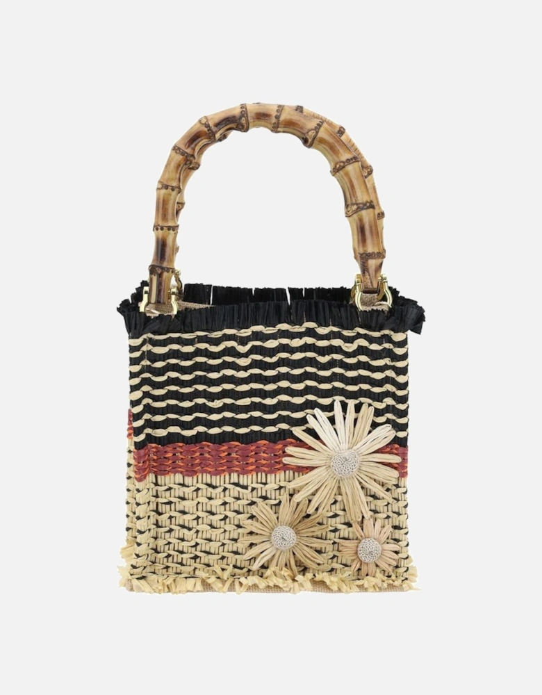 Raffia Handbag with Floral Appliques and Bamboo Handles Women -