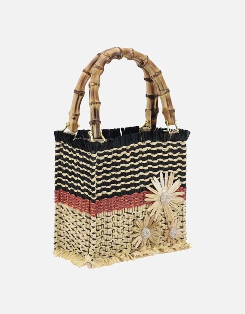 Raffia Handbag with Floral Appliques and Bamboo Handles Women -