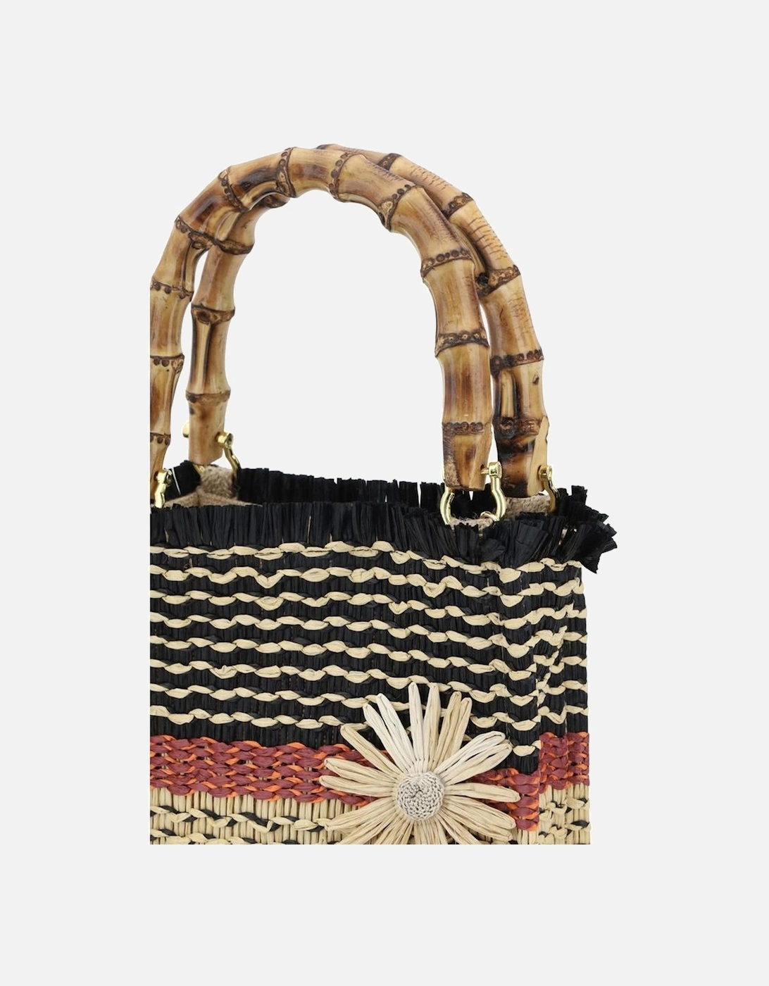 Raffia Handbag with Floral Appliques and Bamboo Handles Women -