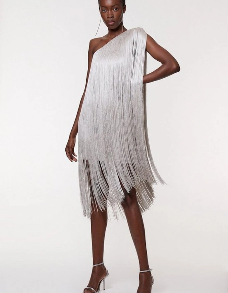 Figure Form Bandage One Shoulder Fringe Mini Knit Dress