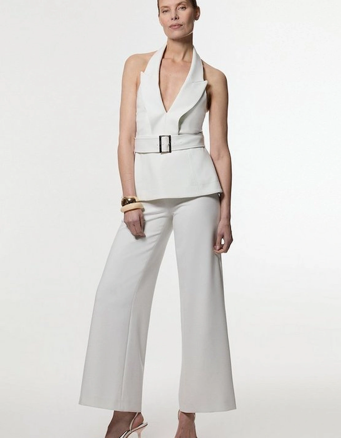 Compact Stretch Halterneck Tailored Wide Leg Jumpsuit