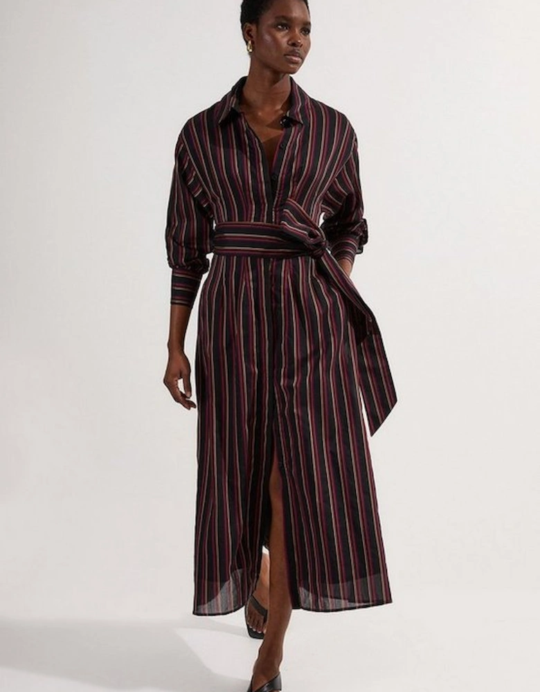 Premium Cotton Tailored Belted Shirt Maxi Dress