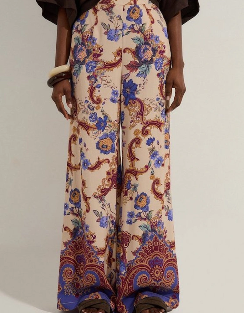 Premium Viscose Linen Paisley Border Print Woven Wide Leg Trouser