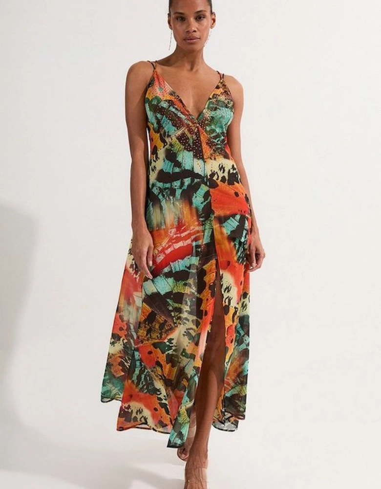 Butterfly Embellished Strappy Viscose Georgette Beach Dress