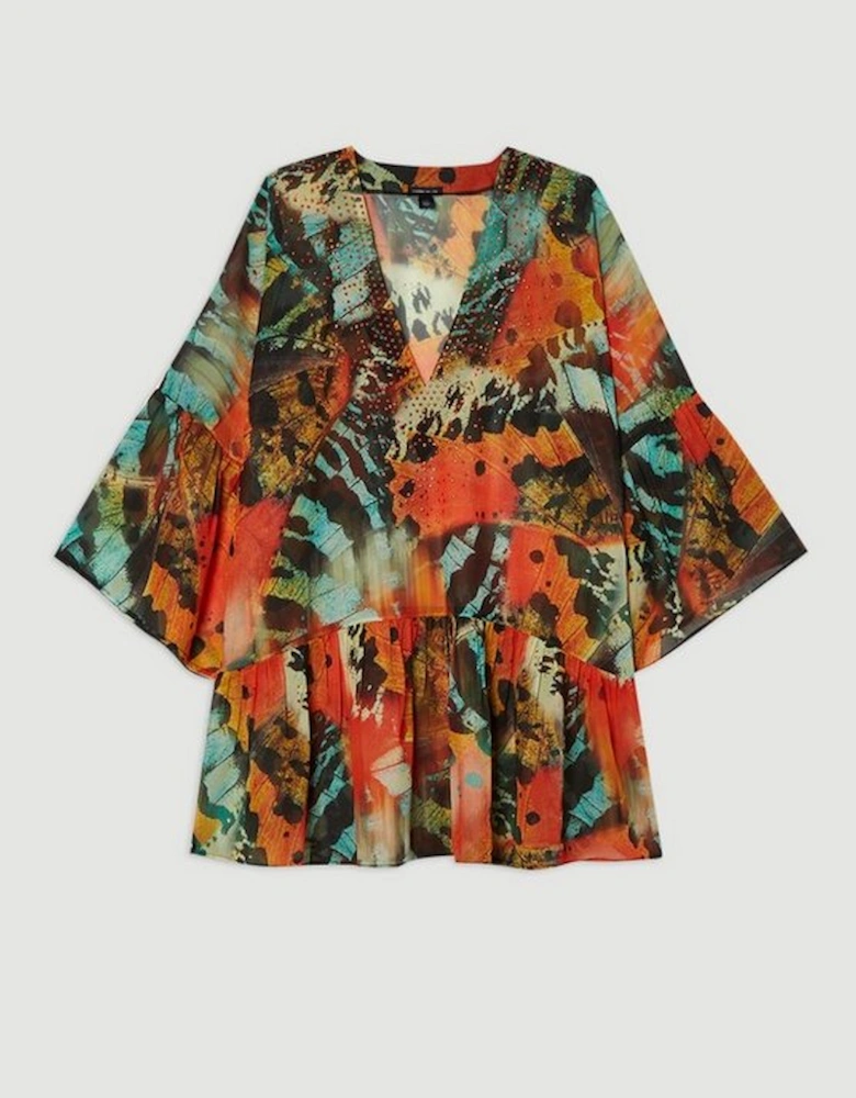 Butterfly Embellished Kimono Sleeve Viscose Georgette Mini Beach Dress