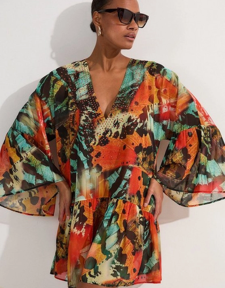 Butterfly Embellished Kimono Sleeve Viscose Georgette Mini Beach Dress