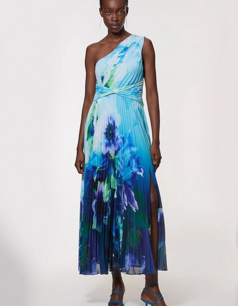 Tall Ombre Floral Soft Pleated One Shoulder Maxi Dress