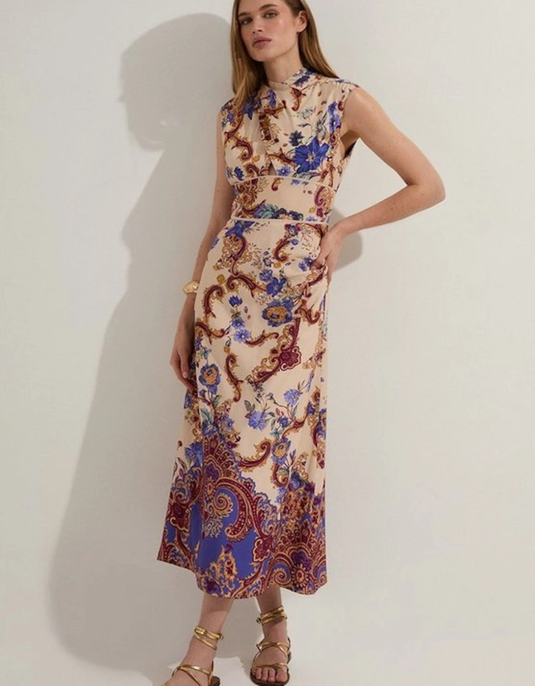 Premium Viscose Linen Paisley Border Print Woven Midi Dress