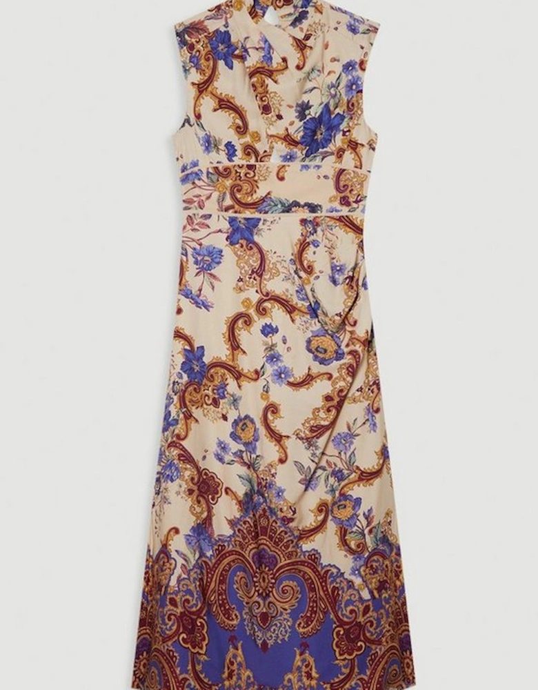 Premium Viscose Linen Paisley Border Print Woven Midi Dress