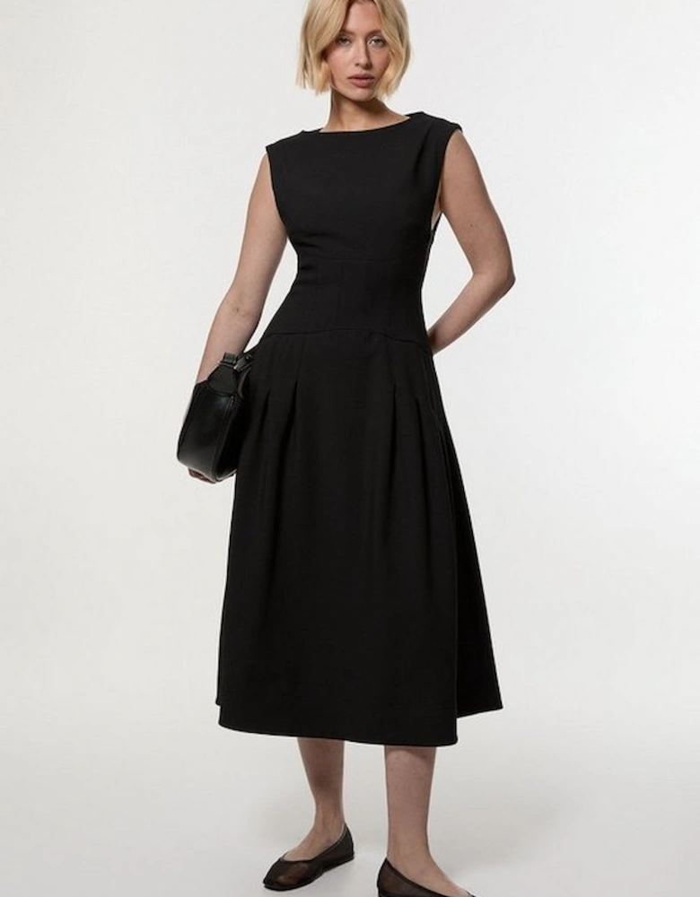 Compact Stretch Open Back Full Skirted Tailored Midi Dress