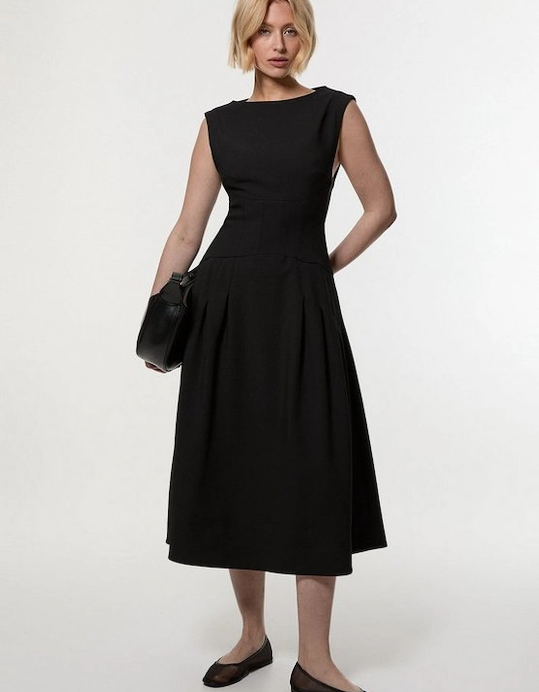 Compact Stretch Open Back Full Skirted Tailored Midi Dress, 4 of 3