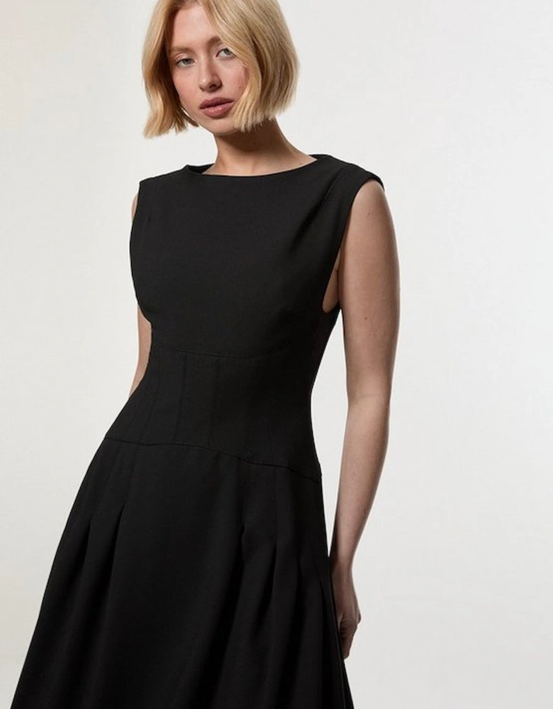 Compact Stretch Open Back Full Skirted Tailored Midi Dress