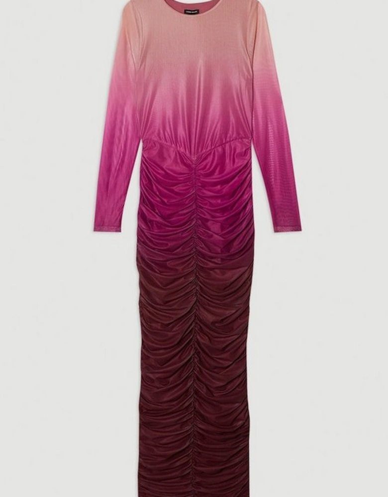 Ombre Printed Mesh Ruched Long Sleeve Maxi Dress