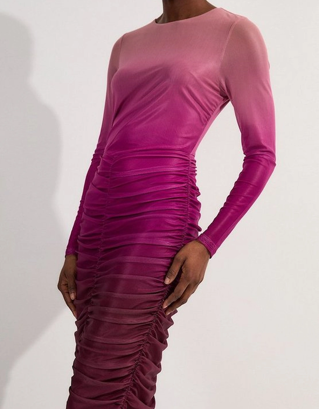 Ombre Printed Mesh Ruched Long Sleeve Maxi Dress