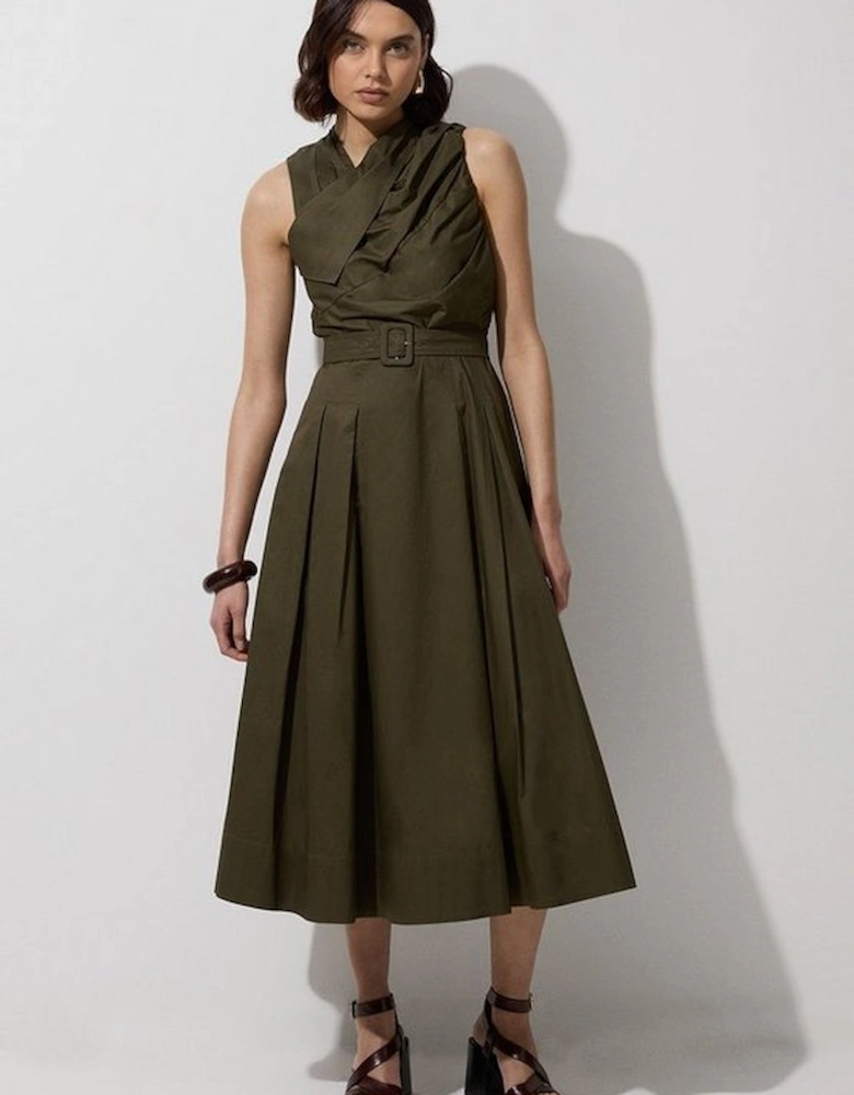 Cotton Sateen Asymmetric Belted Woven Midi Dress