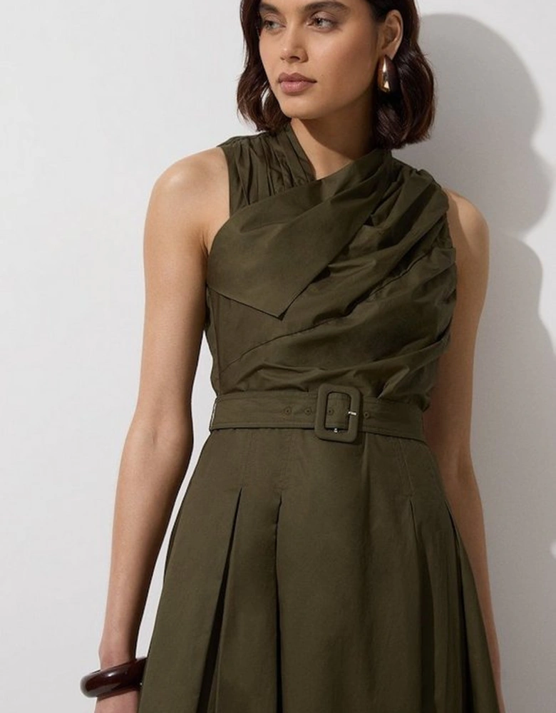 Cotton Sateen Asymmetric Belted Woven Midi Dress