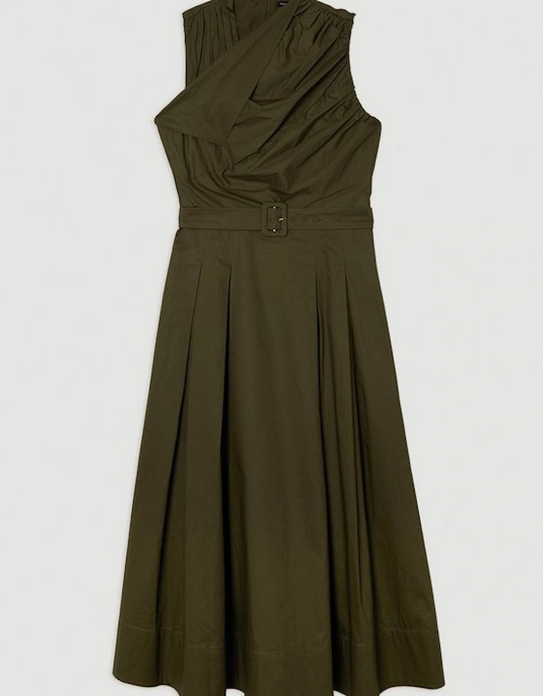 Cotton Sateen Asymmetric Belted Woven Midi Dress