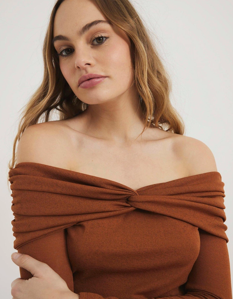 Ruched Bardot Top - Brown