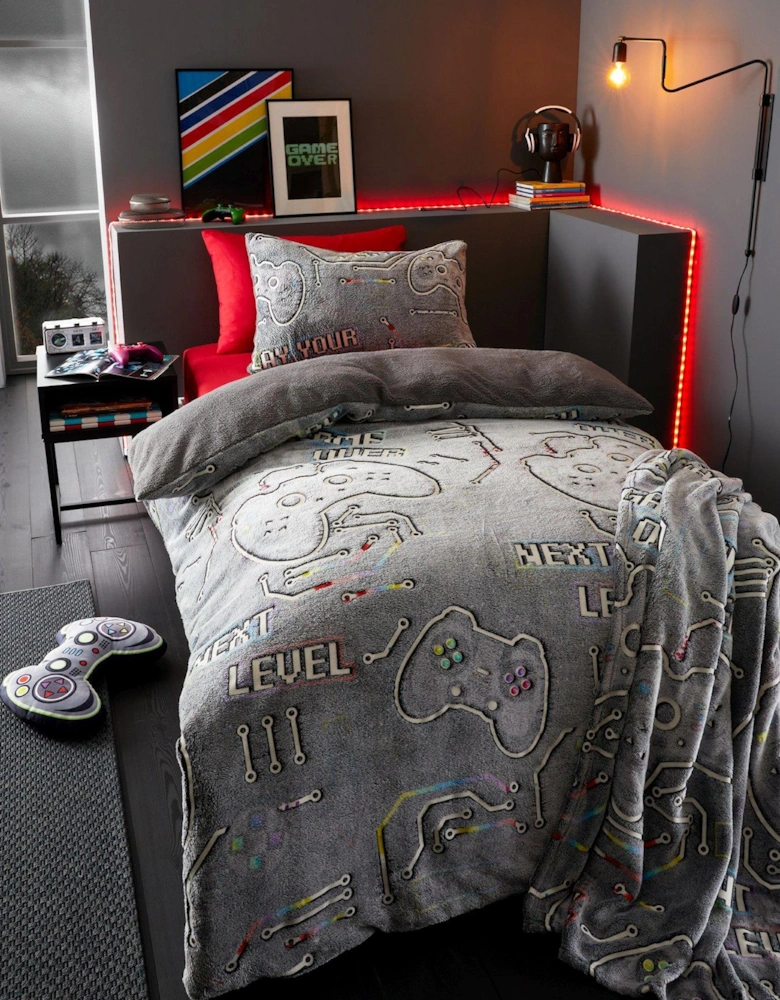 Game Over Glow In The Dark Fleece Duvet Cover Set - Black